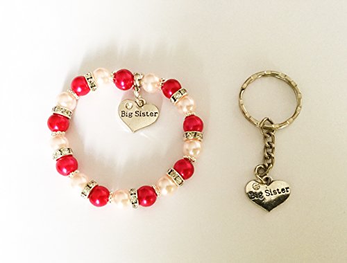 Gifts At Dawn BIG SISTER Bracelet with Big Sister Charm & Big Sister Keyring NEW BABY Sibling Gift FREE ORGANZA BAG (L - (16cm) approx 10- Teen)