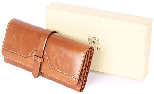 Borgasets Womens Leather Purse Ladies Trifold Wallets With ID Card Holder Brown