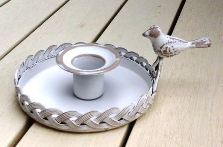 Shabby Chic Rustic White Metal Trianon Candleholder with Bird Handle