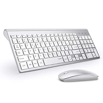 TopMate. Combo Clavier et Souris sans Fil 2,4 GHz Ultra Mince Clavier et Souris sans Fil Silencieux Design Ergonomique pour Ordinateur Portable | Argent Blanc