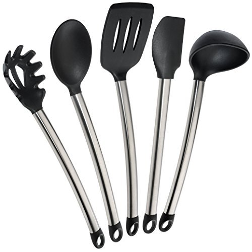 Elite Kitchenware Stainless Steel Kitchen Utensils, 5 Piece Silicone Cooking Utensil Set Including Spatula, Spoon, Server, Turner and Ladle - Cookware Set - Kitchen Gadgets by Elite Kitchenware