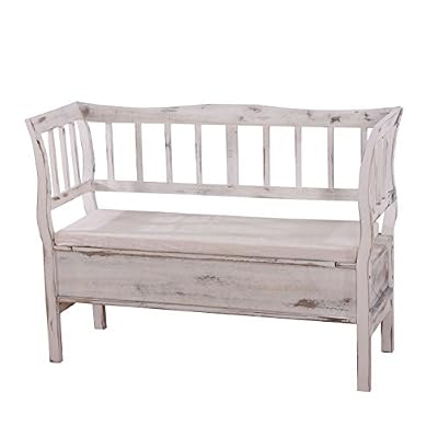 Mendler Banc Banquette de Rangement T207 bahut Coffre avec Coussin ~ Bois Blanc Shabby Chic