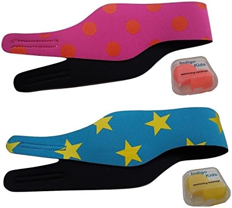 Baby children kids swimming ear protection neoprene aqua band earband headband and silicone ear putty plugs (pink headband and orange earplugs)