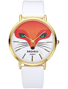 JSDDE Uhren,Damenmode Cute Orange Fuchs Kopf Muster Armbanduhr Damenuhr Lederarmband Analog Quarzuhr,Weiss