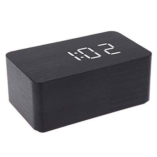 hibote Cuboid Sound Control Single Display Wooden Modern LED Digital Alarm Desk USB/ AA Battery Powered Clock Thermometer Calendar for Home Bedroom Office Use(Black Wood + White LED) - 2