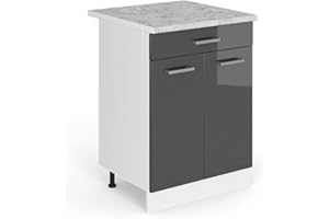 Vicco mobiletto base per cucina R-line, Antracite lucido/Bianco, 60 cm con cassetto PL Marmo