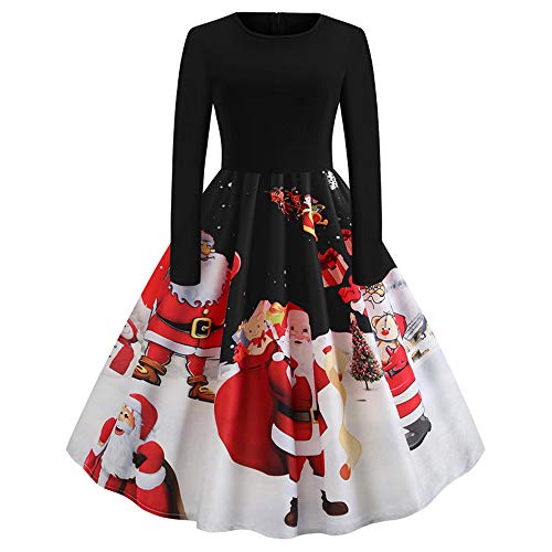 WUDUBE Noël Robe de Cocktail Femme,O Cou Rétro Impression Manche Longue Robe Soir Fête Robe