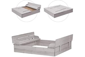 roba Sandbox with Foldable Lid into 2 Benches - Sandbox with Integrated Cover - Bench with backrest - Made of Weather-Resistant Solid Wood - Grey Stained Wood