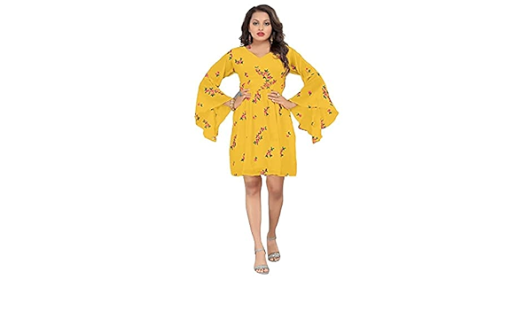 Buy Dkl Trends Casual Regular Fit V Neck Short Knee Length Western Dress One Piece With Flared Sleeves Women Girls Small Yellow At Amazon In