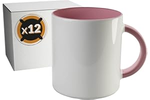 PixColor – 12 tazas de sublimación de cerámica blanca con interior de color rosa | Caja individual neutra | 350ml (11oz) | Categoría AAA | Aptas para microondas y lavavajillas | Compatible con Cricut