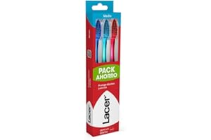 LACER - Pack de 3 Cepillos de Dientes, Cerdas Medias, Filamentos Tynex con Puntas Redondeadas, Mango Ergonómico Antideslizante