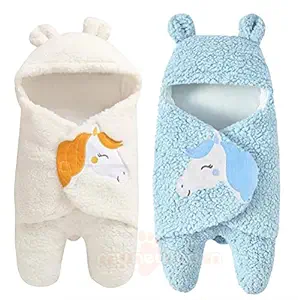 My Newborn Baby Blanket Hooded Sleeping Bag All Seasons for Boys and Girls White, Blue -Combo of 2