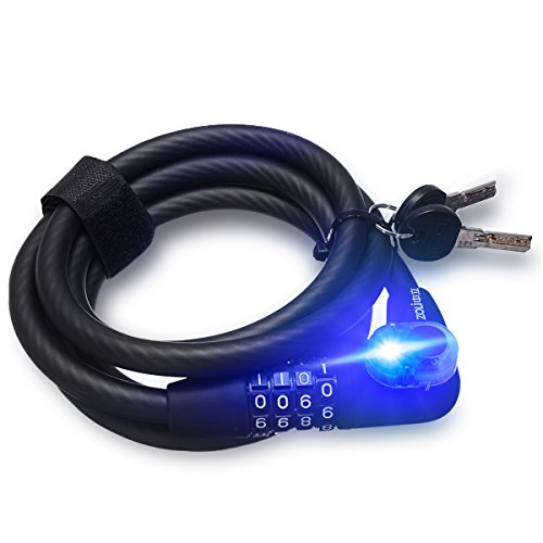 OUTERDO LED Licht Selbst Coiling MTB Fahrradschloss Kableschloss 4 Steillige + Schlüssel + LED Licht, Doppelter Schutz Anti Diebstahl Schloss 1.8M Schwarz