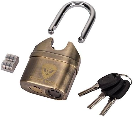 Secure World Anti-Theft Security System Keyed Padlock - Zinc Alloy Alarm Padlock With 3 Keys - Short Shackle (Brass, 11 Pieces)