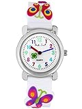 Pacific Time Kinder-Armbanduhr Kinderuhr Mädchenuhr Schmetterling Lernuhr Analog Uhr Quarz violett rosa weiss 21975