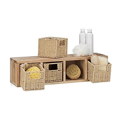 Relaxdays Etagere 4 cubes rangement panier amovible corbeille bois noyer couloir chambre cuisine montage mural, nature 18x61.5x16 cm