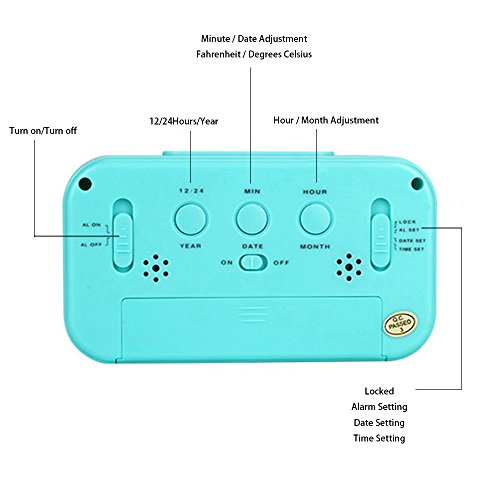 LONZOTH Smart LED-Digital-Wecker, Snooze 5 Minuten, bald aufhören Alarmknöpfe, mit Datum, Temperatur- und Lichtsensor (Blau) - 3
