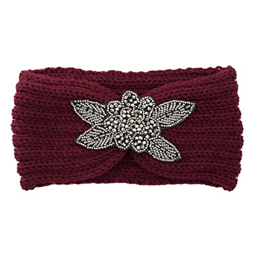 Covermason Haarband Damen Winter, Frauen Stricken Stirnband Warmes Strass Glitzer Stirnbänder Turban Hairband (Wein (c))