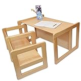 3 in 1 Multifunktionales Nest von drei Couchtischen oder Beistelltischen für Erwachsene oder ein Multifunktionales Kindermöbel Set bestehend aus einem Multifunktionalen Kindertisch oder Kindersitzbank und zwei Multifunktionellen Kinderstühlen, aus massivem Buchenholz Natur Lackiert - 7