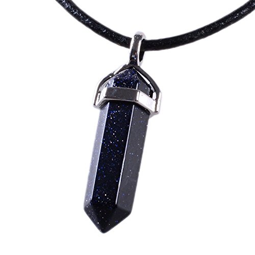 (Blue Sandstone) - Amandastone Gemstone Hexagonal Pointed Reiki Chakra Pendant Genuine Leather Necklace 46cm