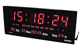 Reloj digital de pared y mesa, con termómetro y calendario. Iluminación en color rojo. Alarma.
