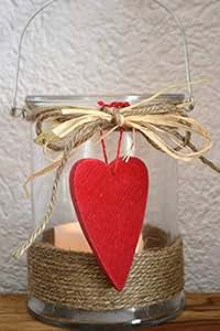 Maison-en-France Windlicht, hübsche Glaslaterne mit rotem Herzanhänger