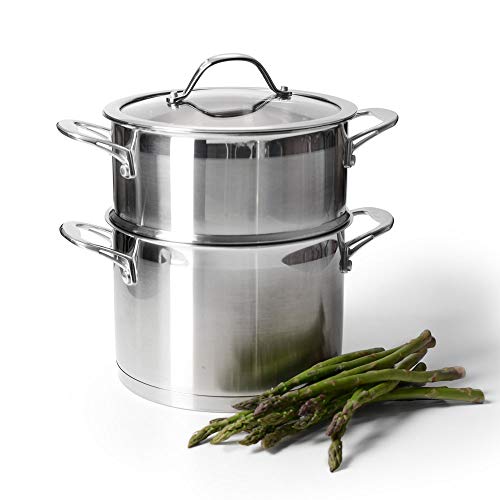 ProCook Professional Steel - Set Cuiseur Vapeur INOX Induction - Marmite & 1 Panier Vapeur INOX - Couvercle Verre Trempé - Poignée Ergonomique INOX Isolant - 20 cm / 2 Niveaux