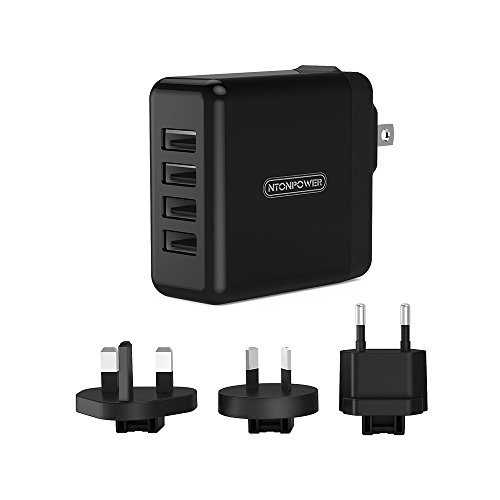 USB Ladegerät Wand Ladeadapter 5V / 2.4 4-Port USB mit IC Technologie und Reiseadapter US,AUS,UK,EU für iPhone / iPad / iPod und Android Windows Phone / Tablet -Schwarz