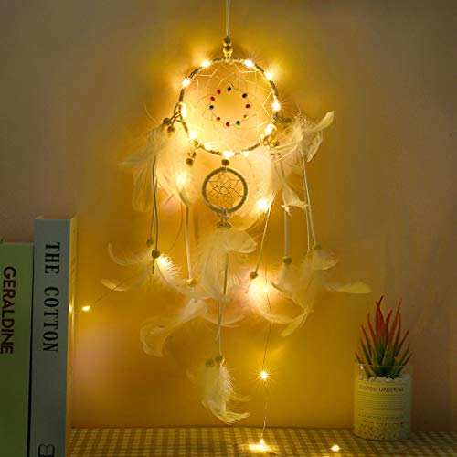 Preisvergleich Produktbild bloatboy Feder Dream Catcher mit 20 LED-Leuchten, Handgemachte Traumfänger Anhänger Lichterkette, Girl Nachtlicht Raumdekoration Room Home Decor Anhänger (Weiß)