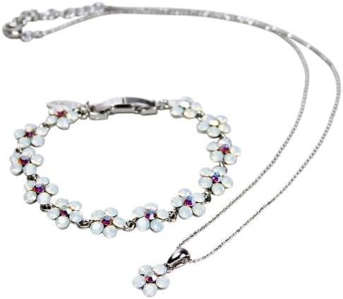 White Opal Swarovski Crystal Single Flower Necklace Pendant and Bracelet, Rhodium Plated Silver Finish and Nickel Free Metal by Dance Jewellery
