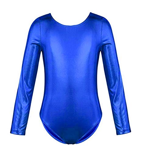Furein Maillot de Danza Ballet Gimnasia Leotardo Body Clásico Brillante Elástico para Niñas de Manga Larga Cuello Redondo (8 años, Azul)