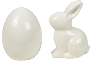 HEITMANN DECO Zestaw jajek wielkanocnych i zajączków wielkanocnych: dekoracja wielkanocna z ceramiki o wyglądzie porcelany do postawienia, kolor biały, ok. 12,5 x 10,5 x 8 cm