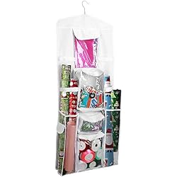 ProCase Sac de Rangement Suspendu pour Emballages de Cadeaux, Sac de Double Face Mural avec Plusieurs Poches Transparentes, Crochet Pivotant à 360 Degrés pour Petits Accessoires -Blanc