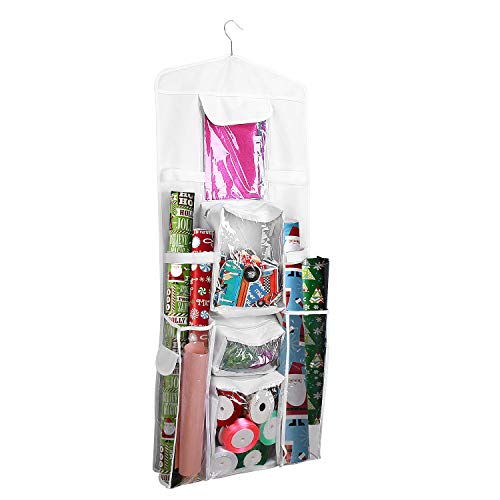 ProCase Sac de Rangement Suspendu pour Emballages de Cadeaux, Sac de Double Face Mural avec Plusieurs Poches Transparentes, Crochet Pivotant à 360 Degrés pour Petits Accessoires -Blanc