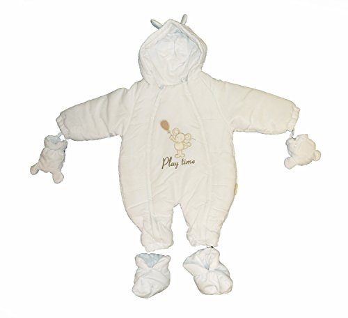 Baby Toddlers White Hooded PLAYTIME MOUSE DESIGN Snowsuit With Detachable Mittens & Booties 3-6 Months