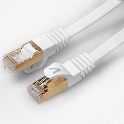 Veetop "CAT 7 RJ45/Plat. Veetop Câble Ethernet/LAN, Plat, STP, Vitesse de transfert 10 GO/s. Compatible avec Routeur Modem Boitier de commutation Boitier ADSL Panneau de brassage Imprimante(15m, Blanc)"