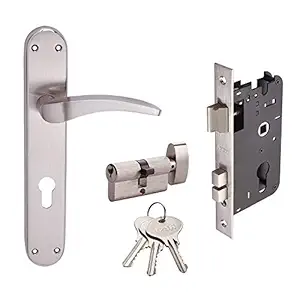 IPSA Edina Heavy Brass Mortise Lever Door Handle Lockset On 8 Inch Plate 1 Side Key 1 Side Knob Cylinder and Lock Body Finish SS