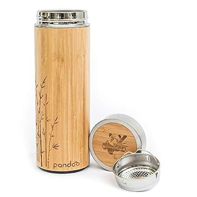 pandoo Tasse thermo en bambou - bouteille thermo à double paroi, une tasse de voyage, une théière, bouteille de thé, bouteille avec une passoire à thé en acier inoxydable - sans BPA - Du thé pour emporter