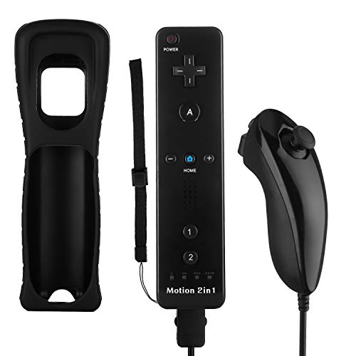Wii Mando STOGA 2 en 1 Construido en Motion Plus Control Remoto y Controlador de Nunchuck para Wii + Caso (Negro)