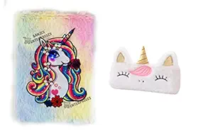 Sanjis Enterprise Kids Fur Gift Combo Plush Unicorn LED Diary Cute Cartoon Stationery Set and Fur uni Pouch for Students,Kids,Children,Girls,Boys | Birthday Return Gift Set(Any Unicorn Print Diary)