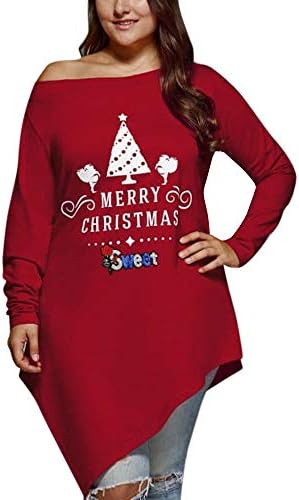 Women Christmas Off Shoulder Sweatshirt Tops Plus Size Casual Long Sleeve Asymmetric Hem Pullover T Shirt Blouse UK 16-24