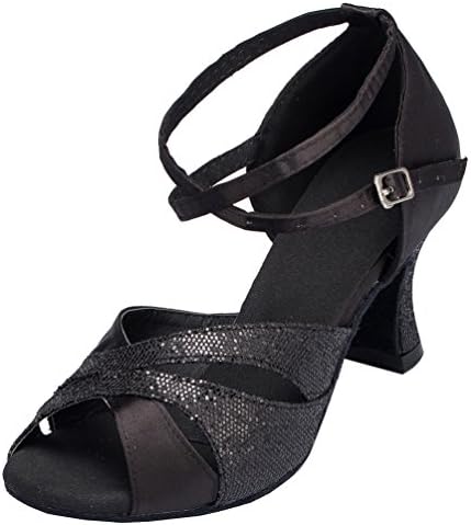 Salabobo YYM-L120 Womens Latin Ballroom Party Wedding Cha-cha Peep Toe Mid Heel Satin Dance Shoes Black UK 5.5
