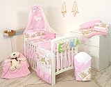 ropa cama cuna 140x70 La cuna no está incluida PRO COSMO 11 Piezas juego de ropa de cama para cuna de bebé cama edredón, dosel + soporte (120x60cm, 7 Osos Rosas)