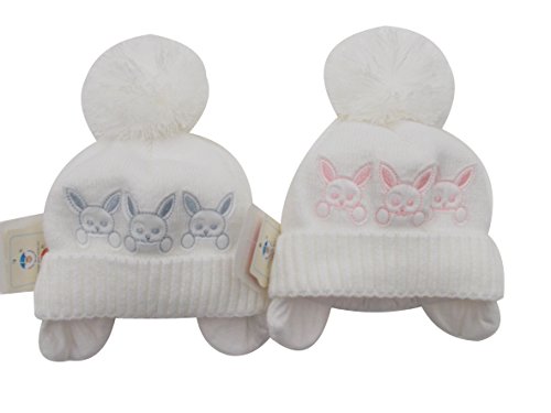 BNWT boys warm winter little bunnies bobble hat in blue or white (3-6 months, Pink)