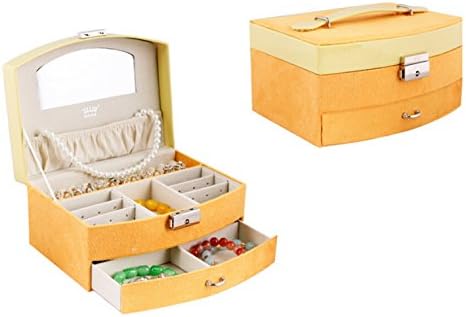 GIFT4U Elegant Two-Layer Lint+Leather Jewelry Box Organizer Case Storage with Lock Drawer Mirror Yellow