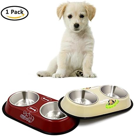Pet Dog Cat Bowl Stainless Steel Non-Skid Puppy Double Feeder Bowl Dish Cartoon Removable Food Water Bowl Feeding Station Tray (Beige)