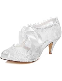 JIAJIA JIA JIA Zapatos de Novia de Las Mujeres 5949419 Peep Toe Cono Talón Encaje Satinado Bombas Corbata Zapatos de Boda