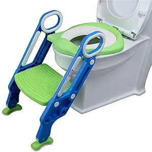 Lsarimo Foldable Potty Training Seat Chair with Safe Handrails, Non-Slip Toilet Potty Stand and Ladder for Kids (Blue+Green)