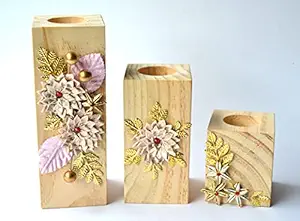 Ayonza Hand Crafted Natural Wooden Pillar Decorative Antique Finish Hand Painted Candle/Tealight Holder Stand for Diwali,Christmas,Gifting,Table Top Decor,Living Room,Table Centerpiece,Home Decor-3