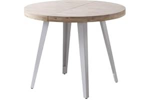 Home Heavenly® - Mesa Comedor Redonda Extensible Estilo Industrial SKADI. Mesa de 100 cm diámetro. 2 tramos extensión a 140 hasta 180 cm. (Roble Nordish - Blanco)
